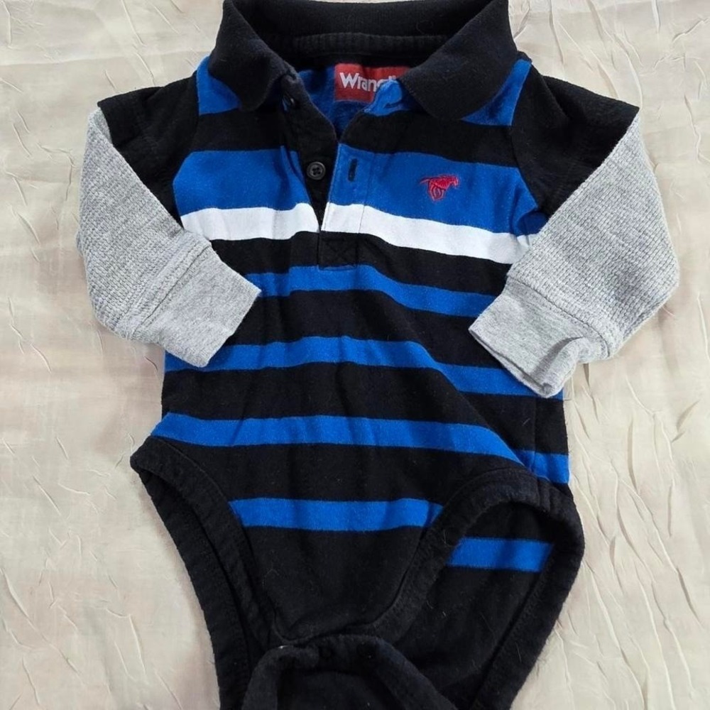 Wrangler Baby Boy Striped Polo Bodysuit Blue Black Western Horse 0-3M